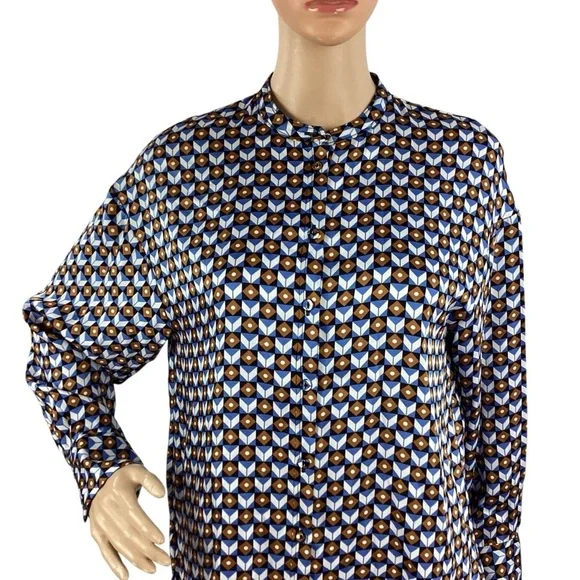 ZARA Geometric Print Button Down Blouse Blue Brown Small - Picture 2 of 7
